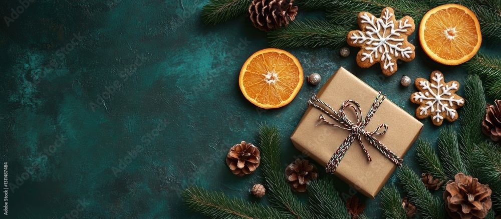 Poster christmas backdrop with spruce branches dark green background gift box snowflake shaped biscuits and