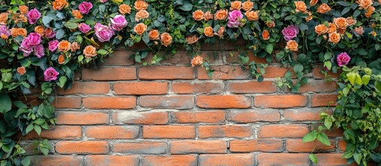 Colorful floral arrangement featuring pink and orange roses against a rustic red brick wall creating a vibrant contrast with greenery above.