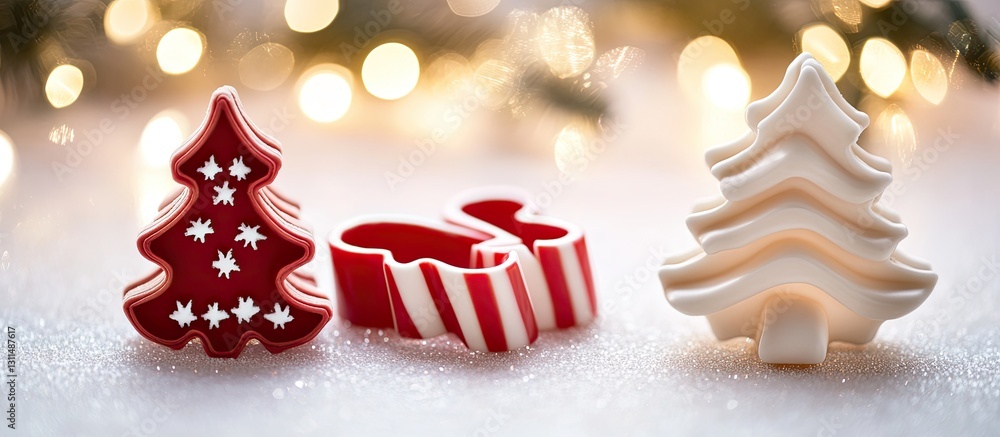 Poster red and white christmas tree and candy cane cookie cutters on sparkling white background with warm b