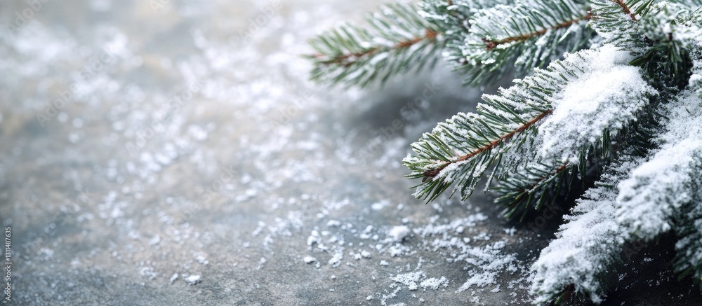 Poster Snow-dusted Christmas fir tree branch rests on a textured gray stone background creating a serene holiday backdrop with space for text.