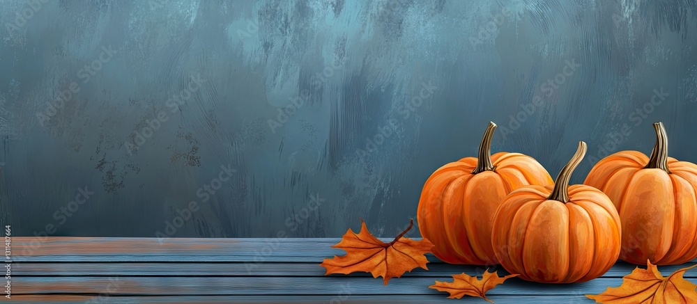 Poster autumn pumpkins in vibrant orange arranged on a weathered blue wooden table with scattered leaves an