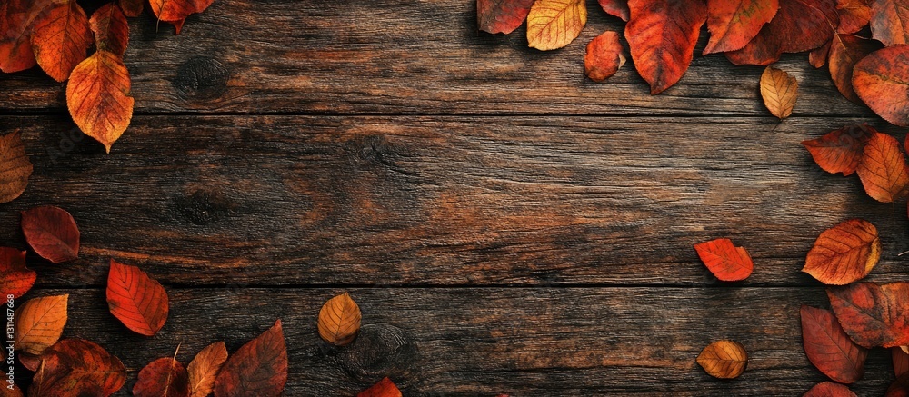 Aufkleber autumn leaves in vibrant orange and red hues scattered around a dark weathered wooden background cre