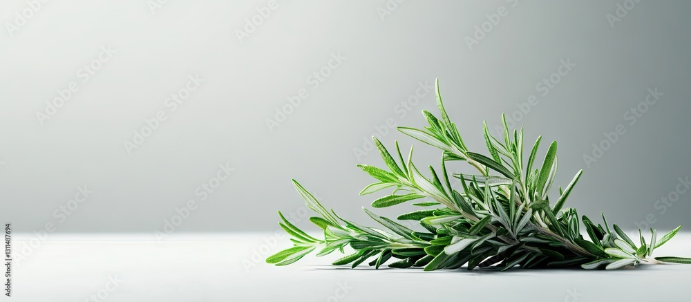 Poster Fresh green rosemary sprigs arranged elegantly on a soft grey background with subtle lighting emphasizing the vibrant leaves and texture.