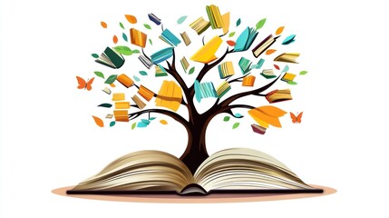 Open book with colorful book tree, knowledge concept, educational illustration