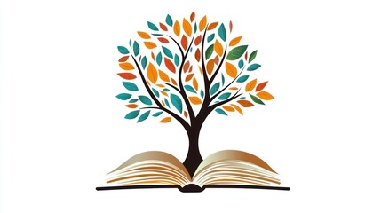 Open book with autumn tree graphic. Educational resource