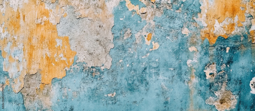 Poster worn textured cement wall with blue and orange peeling paint, featuring an aged surface suitable for