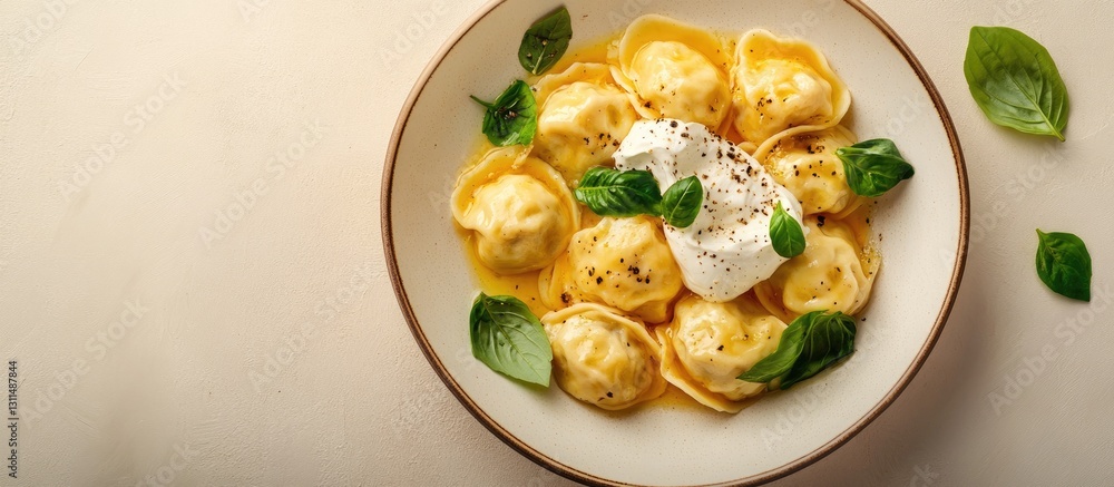 Aufkleber vibrant boiled dumplings garnished with fresh basil and creamy sauce arranged elegantly on a white p