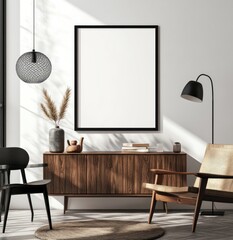 Modern living room with wooden sideboard, chairs, pampas grass, and blank poster.