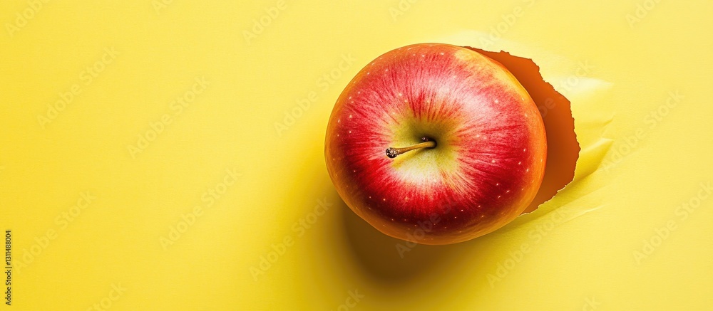 Poster vibrant red and green apple partially reveals itself through a bright yellow backdrop with a tear, e