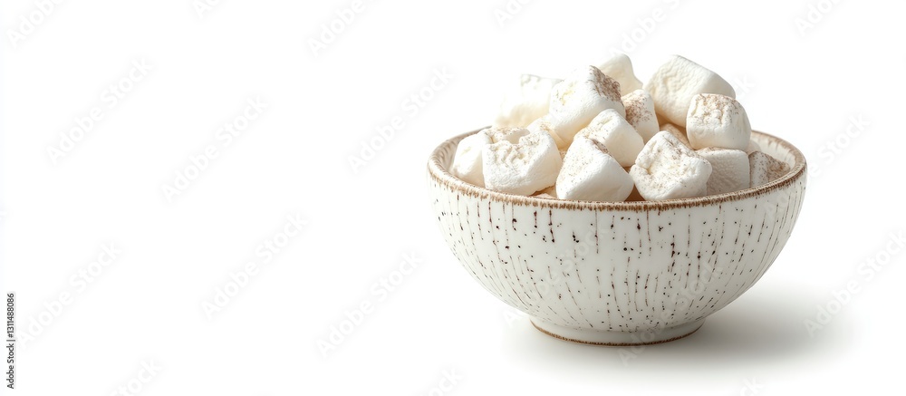 Poster bowl of soft white hojicha marshmallows placed on the right against a bright white background, showc