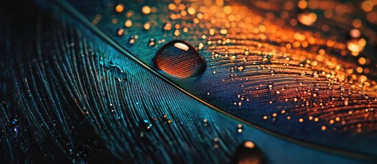 Vibrant peacock feather displaying iridescent blue and green hues with crystal clear water droplets in macro close-up against a warm orange background