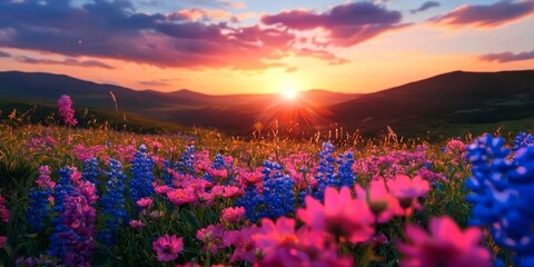 Fototapeta premium An enchanting evening landscape showcasing wildflowers beneath a stunning sunset.