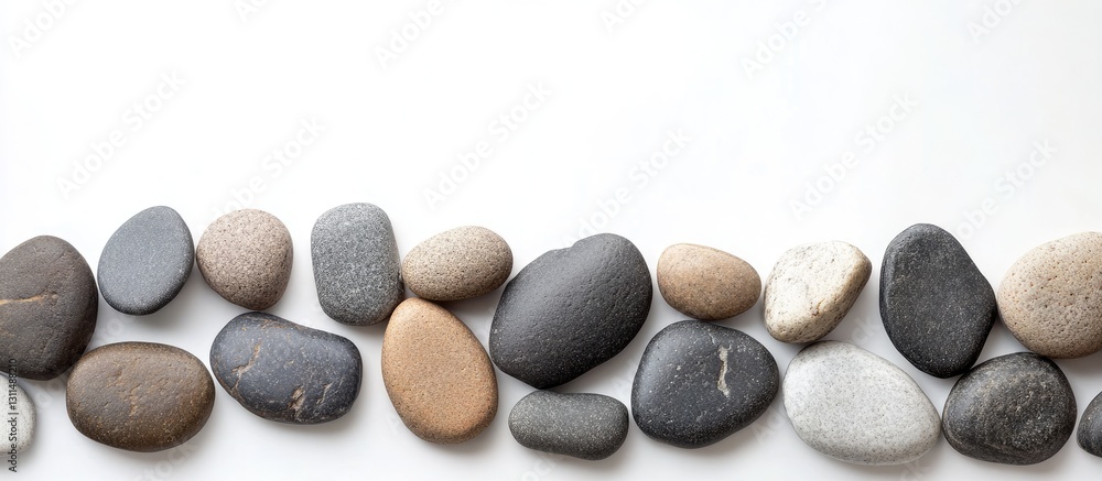 Aufkleber smooth pebbles in various earth tones arranged in a line on a clean white background showcasing natu