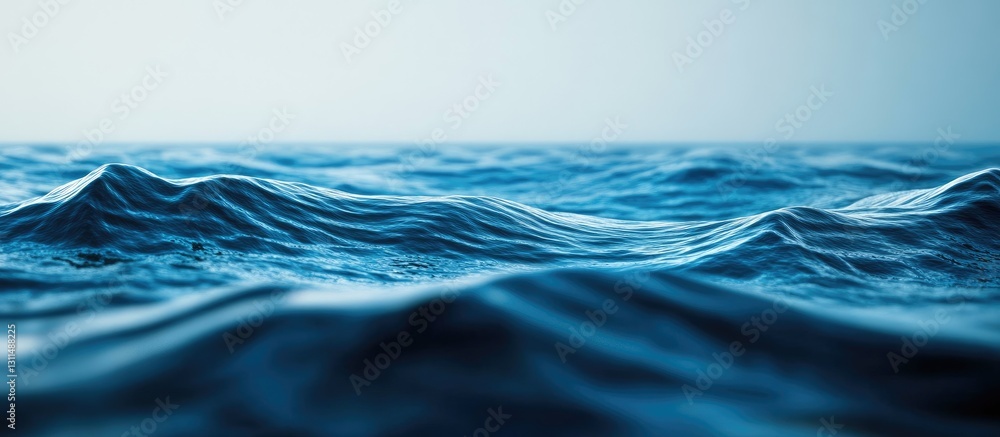 Poster Luminous blue ocean waves gently rolling in the foreground with a soft gradient background creating ample space for text at the top.