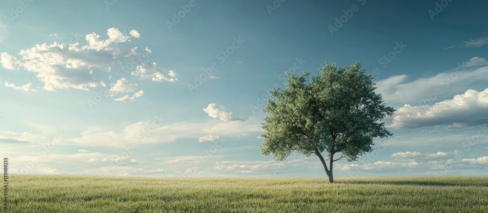Poster solitary green tree with lush foliage positioned on the right in a vast golden field under a bright 