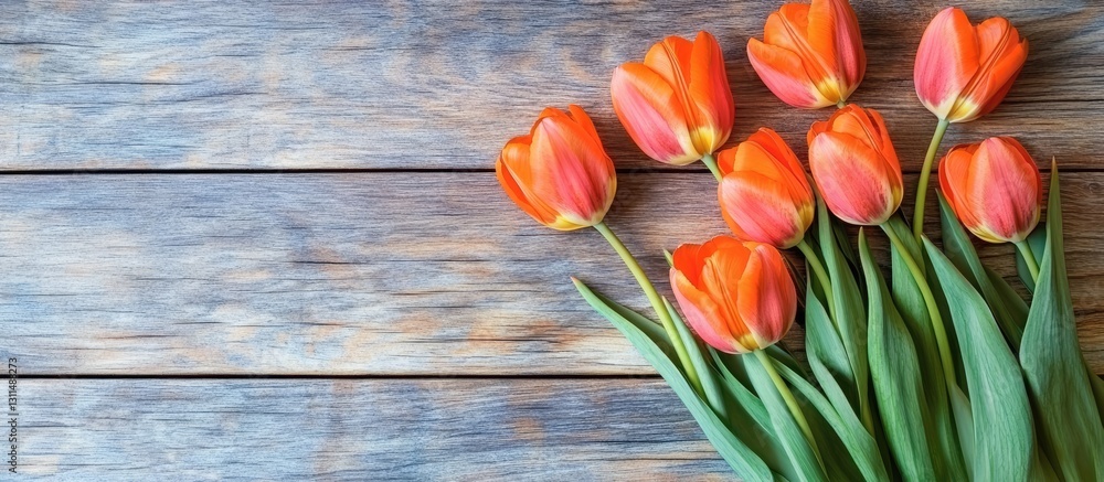 Aufkleber vibrant orange tulips arranged diagonally on a rustic wooden background with green leaves creating a