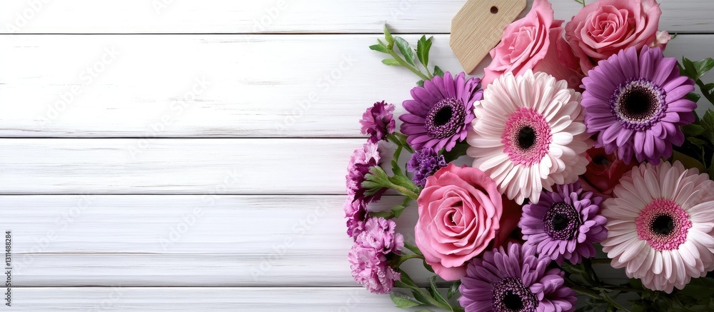 Poster colorful bouquet of pink and purple gerberas and roses arranged at the top left on a white wooden ba