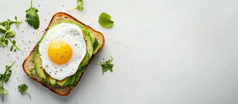 Poster avocado toast topped with a poached egg on brown bread placed top left against a soft light gray bac