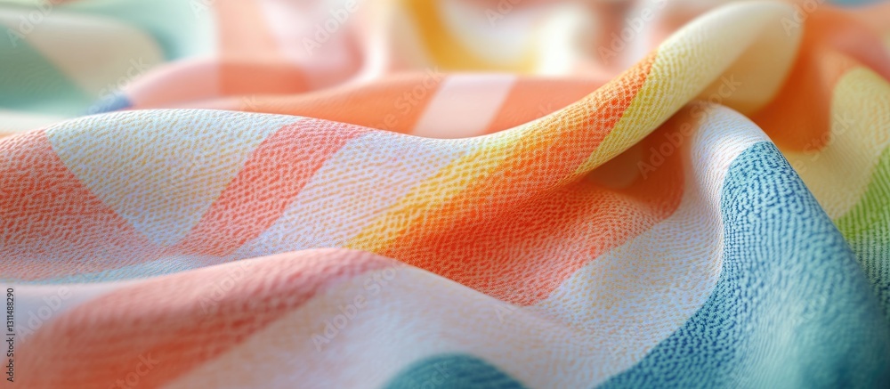 Poster Soft multicolored fabric with wave patterns in peach, mint, and yellow hues, draped gracefully for beach vacation backdrop or towel display.