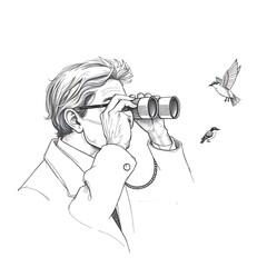 Avian Observation: An illustrated depiction of a man engrossed in birdwatching, using binoculars to observe a flock of birds in flight, a serene blend of hobby and nature exploration.