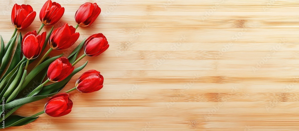 Poster vibrant red tulips arranged on the left side against a bright wooden background with ample copyspace