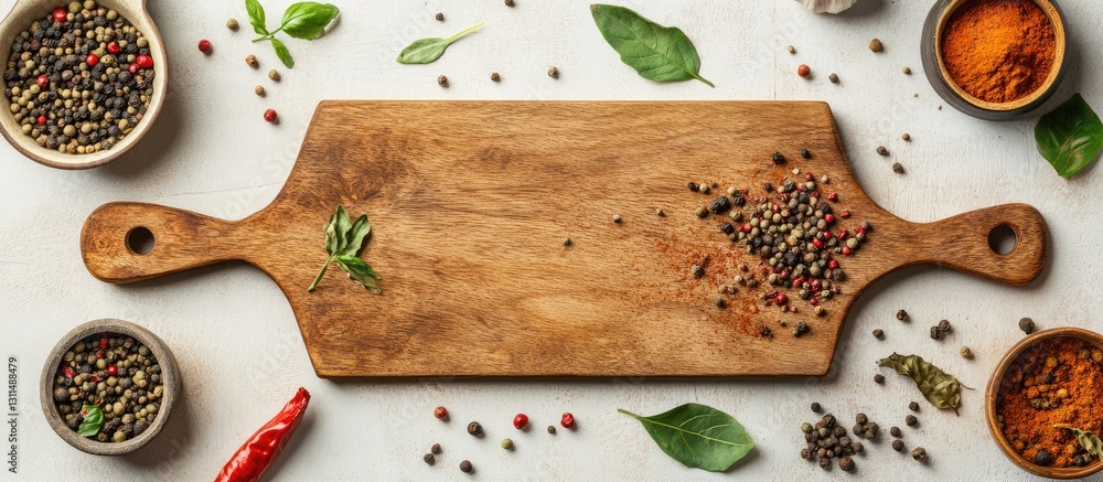 Aufkleber wooden cutting board centered on a light background, surrounded by an array of colorful spices in bo