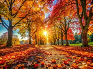 Fototapeta premium Autumn's vibrant hues paint a breathtaking park scene, sharply focused in fall foliage.