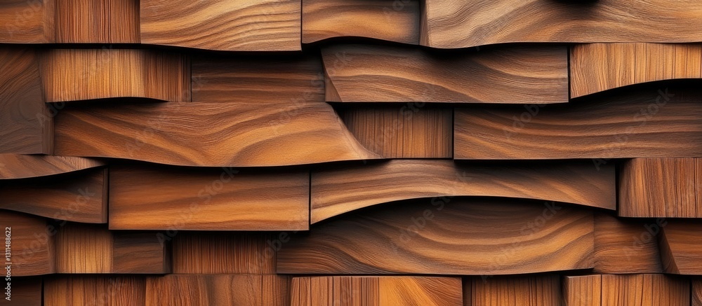 Poster Textured brown wood panels in varying shades, arranged in a layered wavy pattern, creating a warm and rustic abstract backdrop.