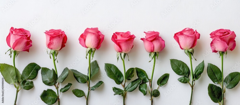 Poster pink roses arranged in a straight line on a white background with green leaves creating a fresh and 
