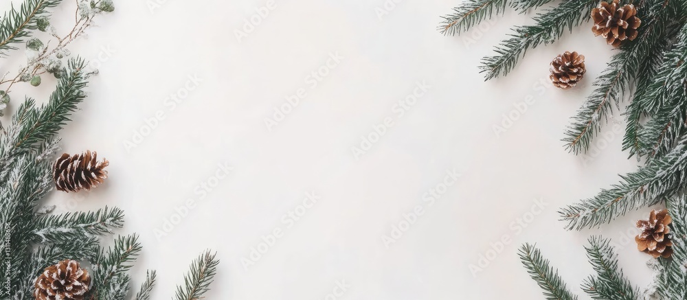 Poster christmas card mockup with pine branches and pine cones arranged symmetrically on a white background