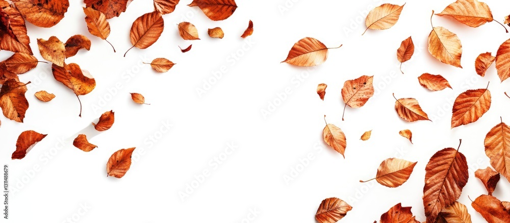 Leinwandbilder autumn leaves in shades of orange and brown scattered across a white background creating a serene se