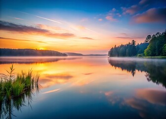 Fototapeta premium Serene Lakeside Long Exposure: Peaceful Dawn at Still Water