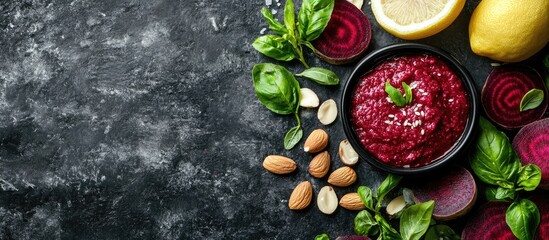 Vibrant beet pesto in a black bowl surrounded by fresh basil lemon slices sliced beets and almonds on a textured dark background