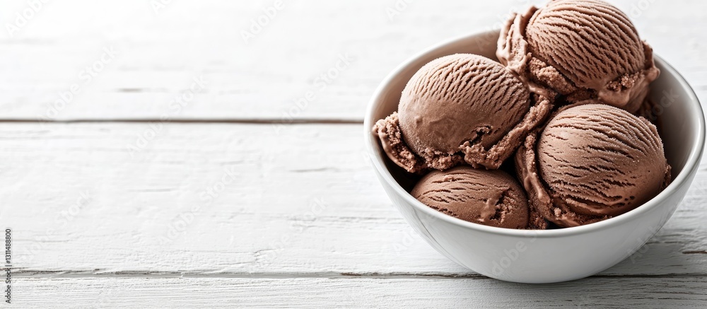 Aufkleber scoops of rich chocolate ice cream in a white bowl on a rustic wooden table with natural light creat