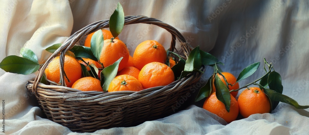 Poster basket filled with vibrant orange tangerines rests on a soft textured tablecloth with gentle drapes 