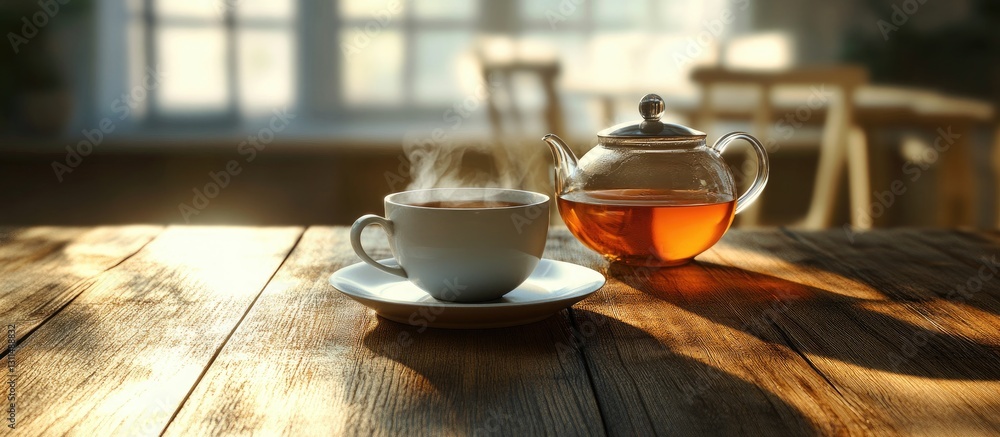 Poster Cup of steaming hot tea on a saucer in front of a clear glass teapot on a rustic wooden table with warm sunlight streaming in from windows