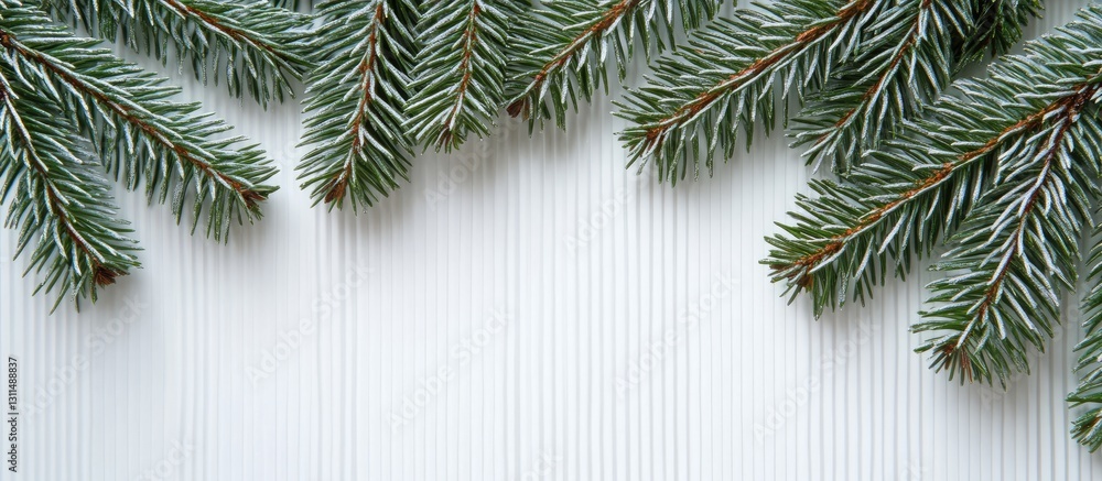 Aufkleber christmas decorations with frosted fir branches in top corners on a white textured striped backgroun
