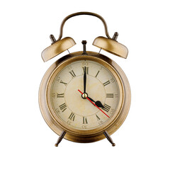 alarm clock, vintage clock with time 4 hours 00 minutes, a.m. 4:00, p.m. 4:00, on isolated white...