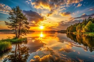 Obraz premium Serene Lakeside Sunset: Golden Hour Reflection on Calm Water