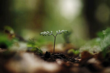 A close-up shot of a young plant growing out of the soil, symbolizing nature's growth and new beginnings, bathed in soft sunlight.