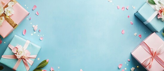 Father's Day background with pastel blue center, arranged wrapped gifts in pink and turquoise, adorned with floral petals and greenery accents.