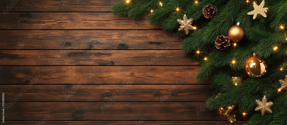 Aufkleber christmas fir tree branches adorned with golden ornaments and pine cones, arranged on a rustic woode