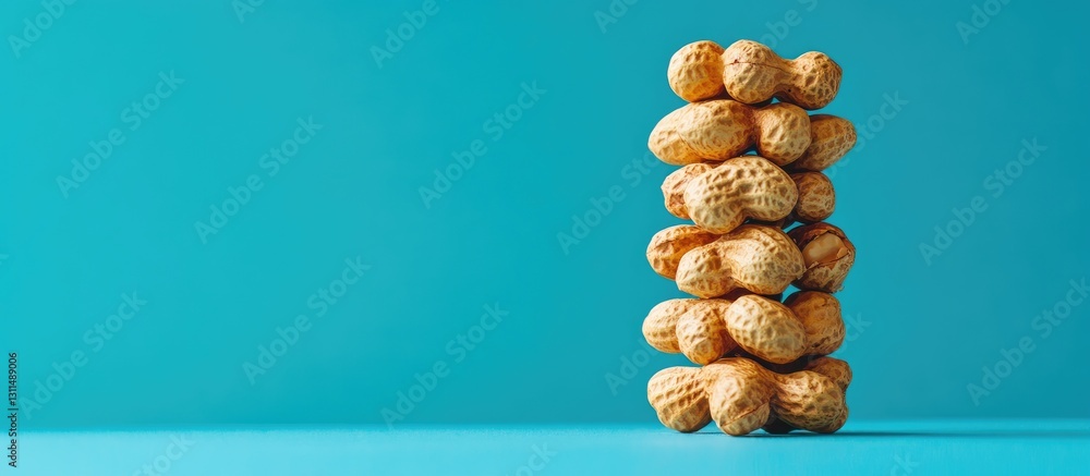 Aufkleber Stack of roasted peanuts balanced vertically against a vibrant blue background with ample negative space for text and design elements.