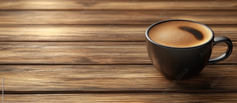 Poster black coffee cup with a frothy surface positioned on the right side of a rustic brown wooden table w