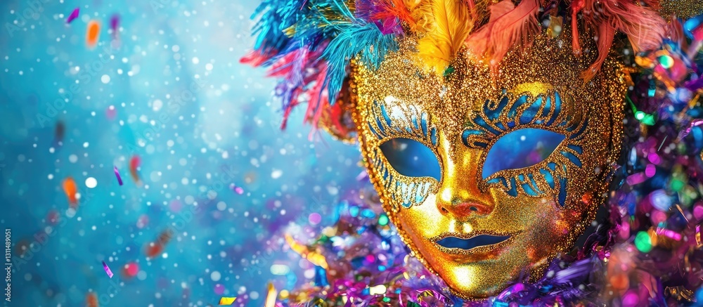 Aufkleber golden carnival mask adorned with blue feathers and colorful tinsel, set against a turquoise backgro