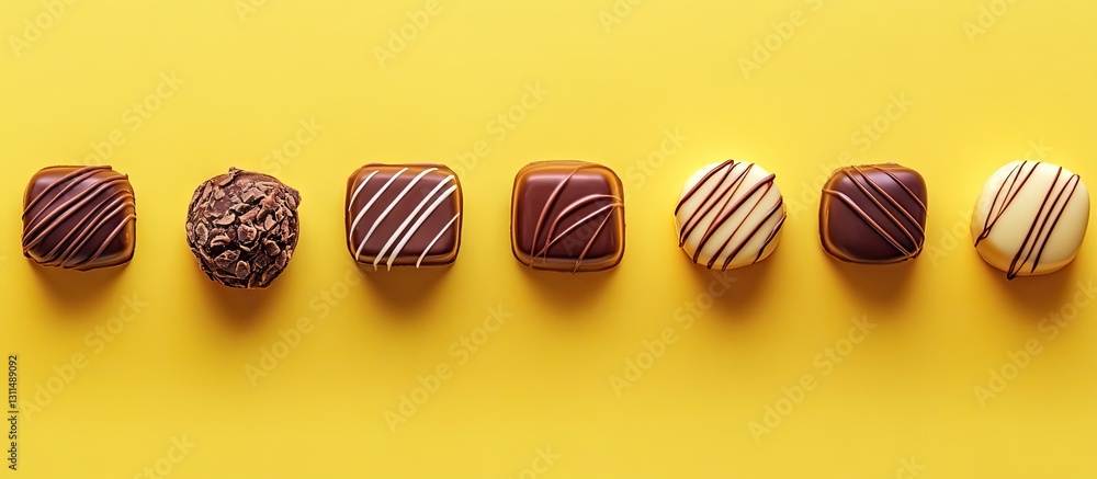 Poster Delicious assorted chocolates lined up on vibrant yellow background with ample copy space for text placement in advertising or design projects