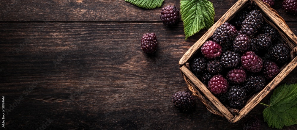 Poster black raspberries in a rustic wooden basket on dark wooden surface surrounded by green leaves top vi