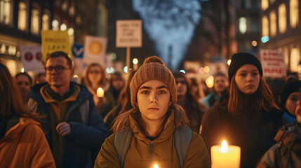 Obraz premium Young people at a peace rally holding a candle, surrounded by protesters.