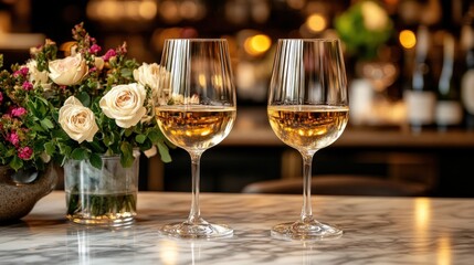 Elegant wine glasses on marble table, flowers, restaurant