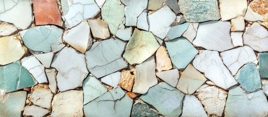 Obraz premium Colorful ceramic mosaic floor composed of various broken tile pieces in shades of green, blue, brown, and gray arranged in a random pattern.